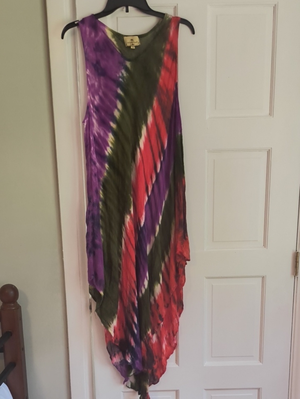 Tie-Dye Sleeveless Hanky Hem Dress-Cover Up in Purple, Olive & Red